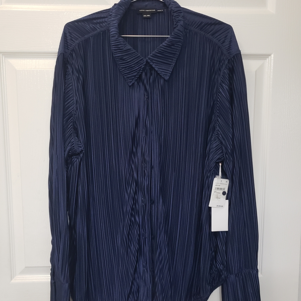 Good American Plissé Dress Shirt - Blue